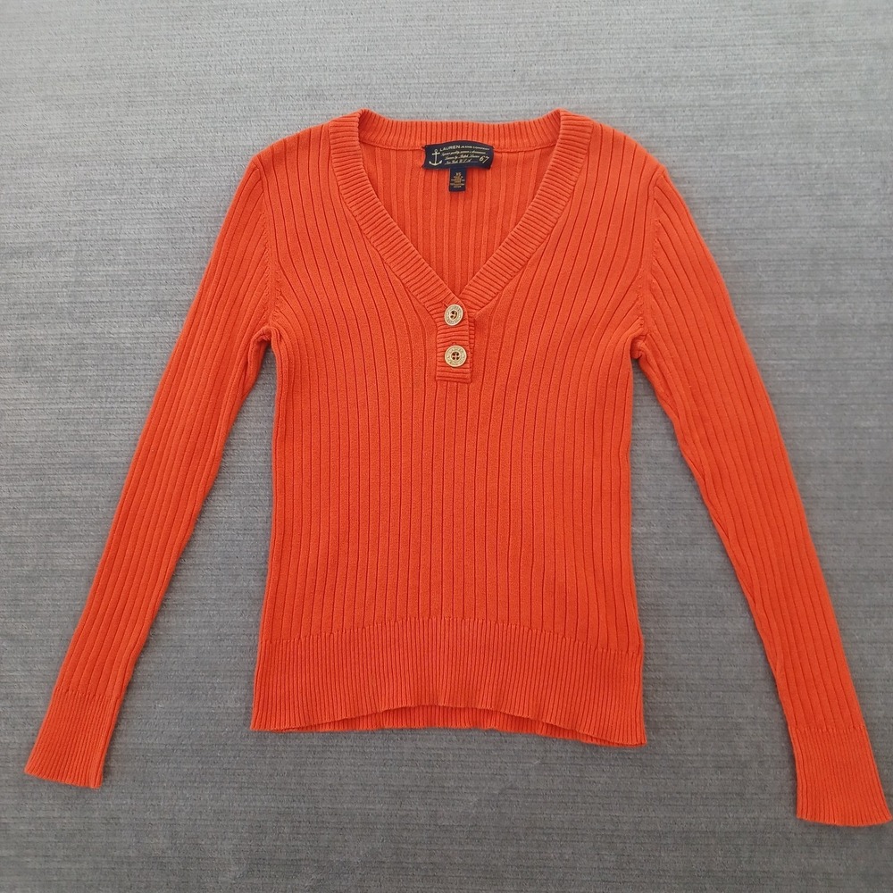Lauren Ralph Lauren Ribbed Henley Sweater Womens XS Orange V-Neck Long Sleeve‎